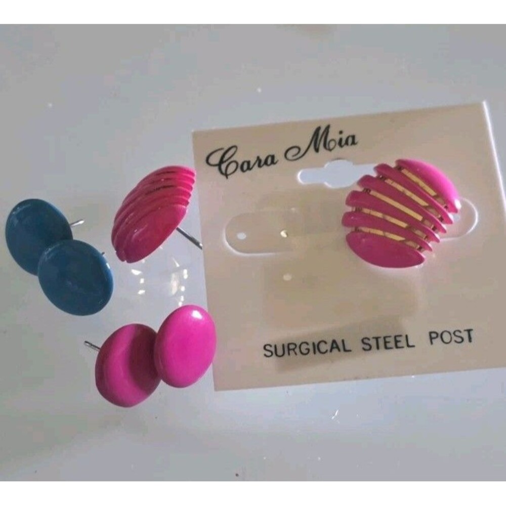 Retro 90s Pop Art Enamel Earrings Lot Hot Pink Teal Blue Ribbed Button Studs